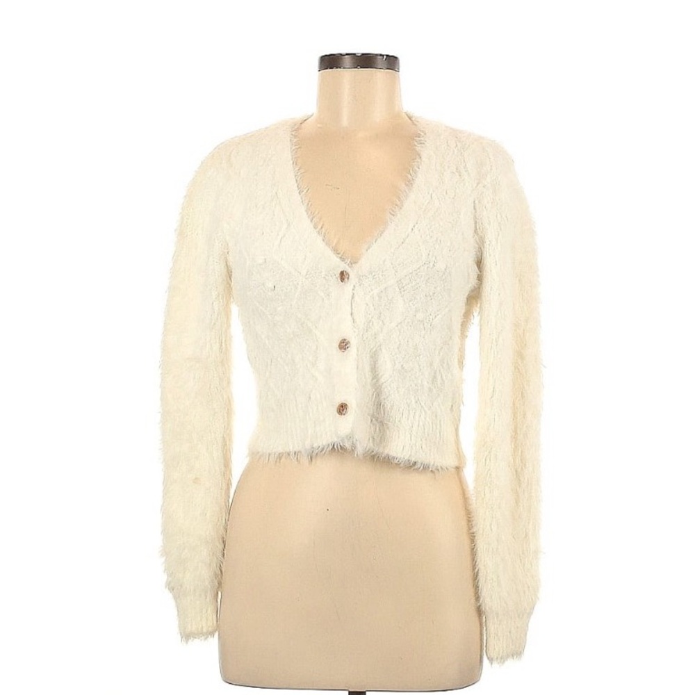 Zara Ivory Shag Cropped Cardigan Sweater